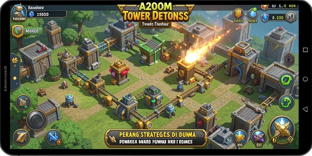 Tangkapan layar gameplay A200M menampilkan aksi menara pertahanan yang seru.