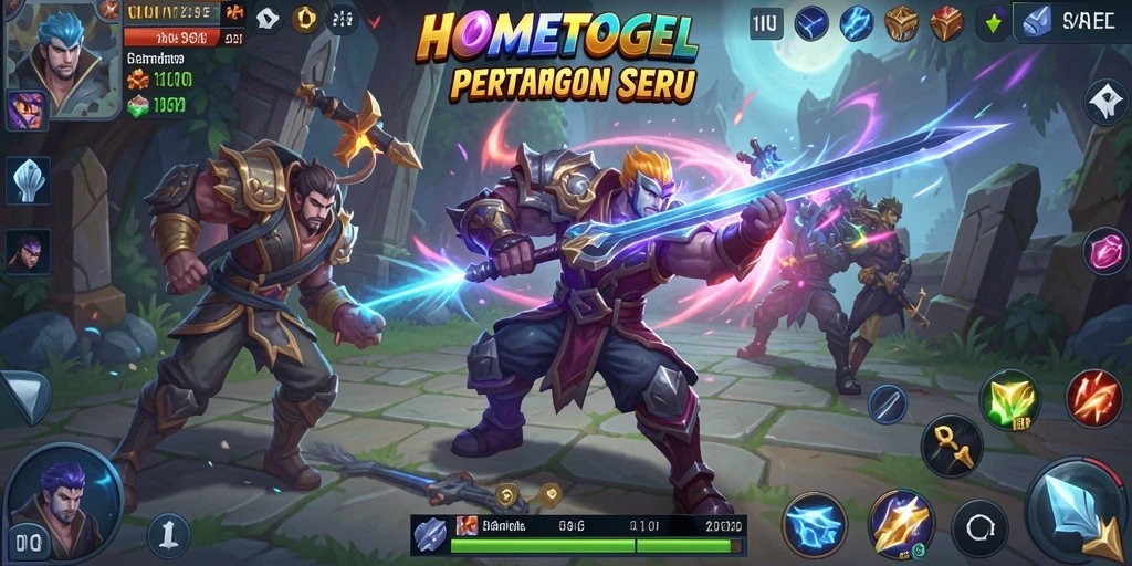 Screenshot gameplay HOMETOGEL menampilkan pertempuran seru di arena MOBA.