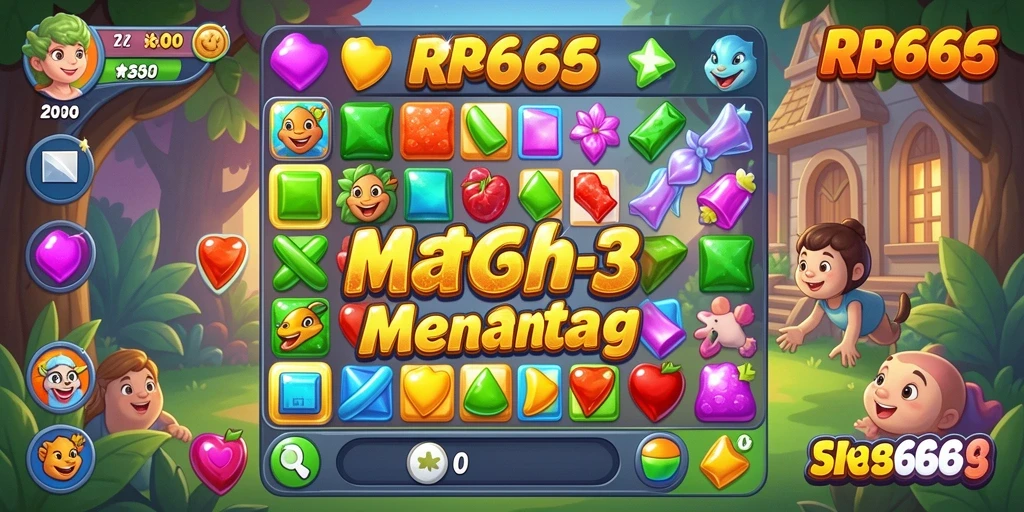 Screenshot gameplay RR666 menampilkan level Match-3 yang penuh warna.